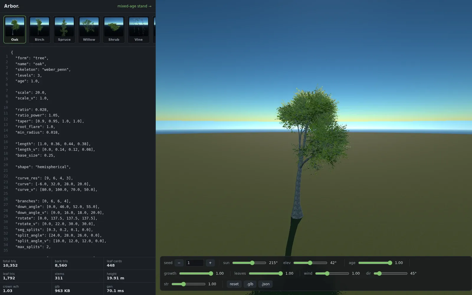 An oak tree grown in 3D beside the spec that defines it, with sliders for seed, age, wind and sun.