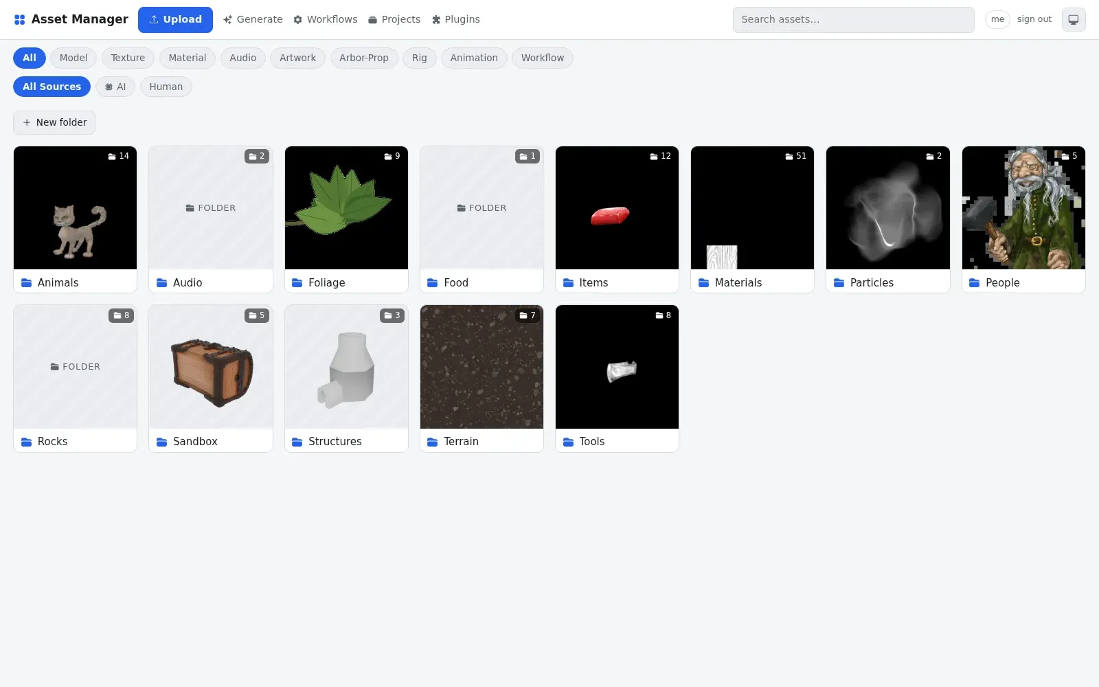 A library of models, textures and art in folders such as animals, foliage, materials and people, each with a preview.