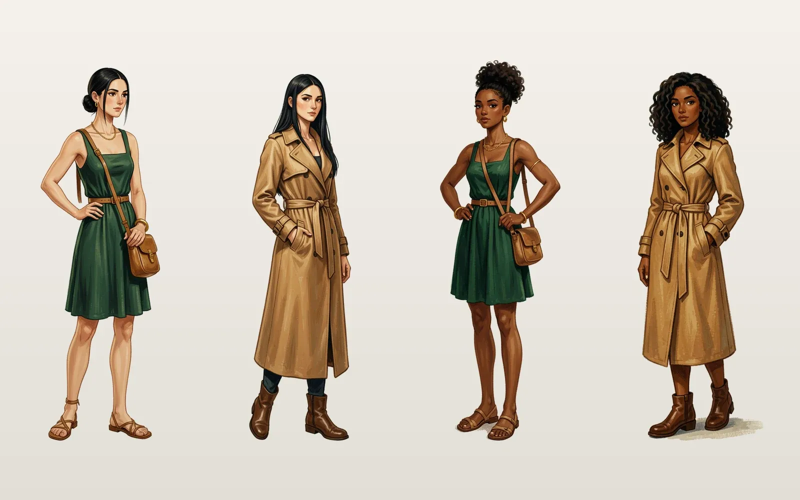 Two women in a painted storybook style, each shown in the same green sundress with her hair up and the same camel trench coat with her hair down.