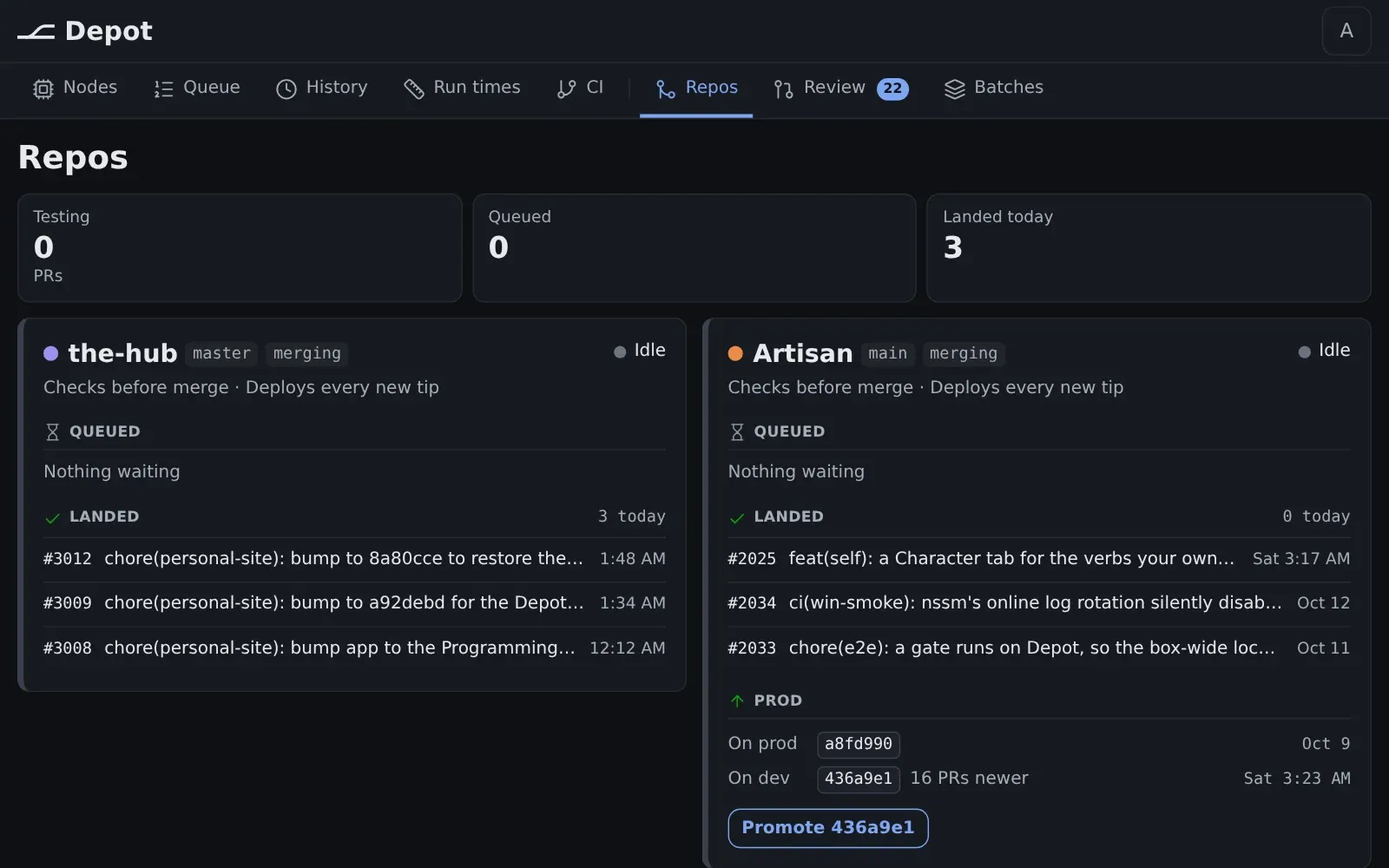 Two repositories in the merge queue with their recently landed pull requests, and a button to promote a tested build.