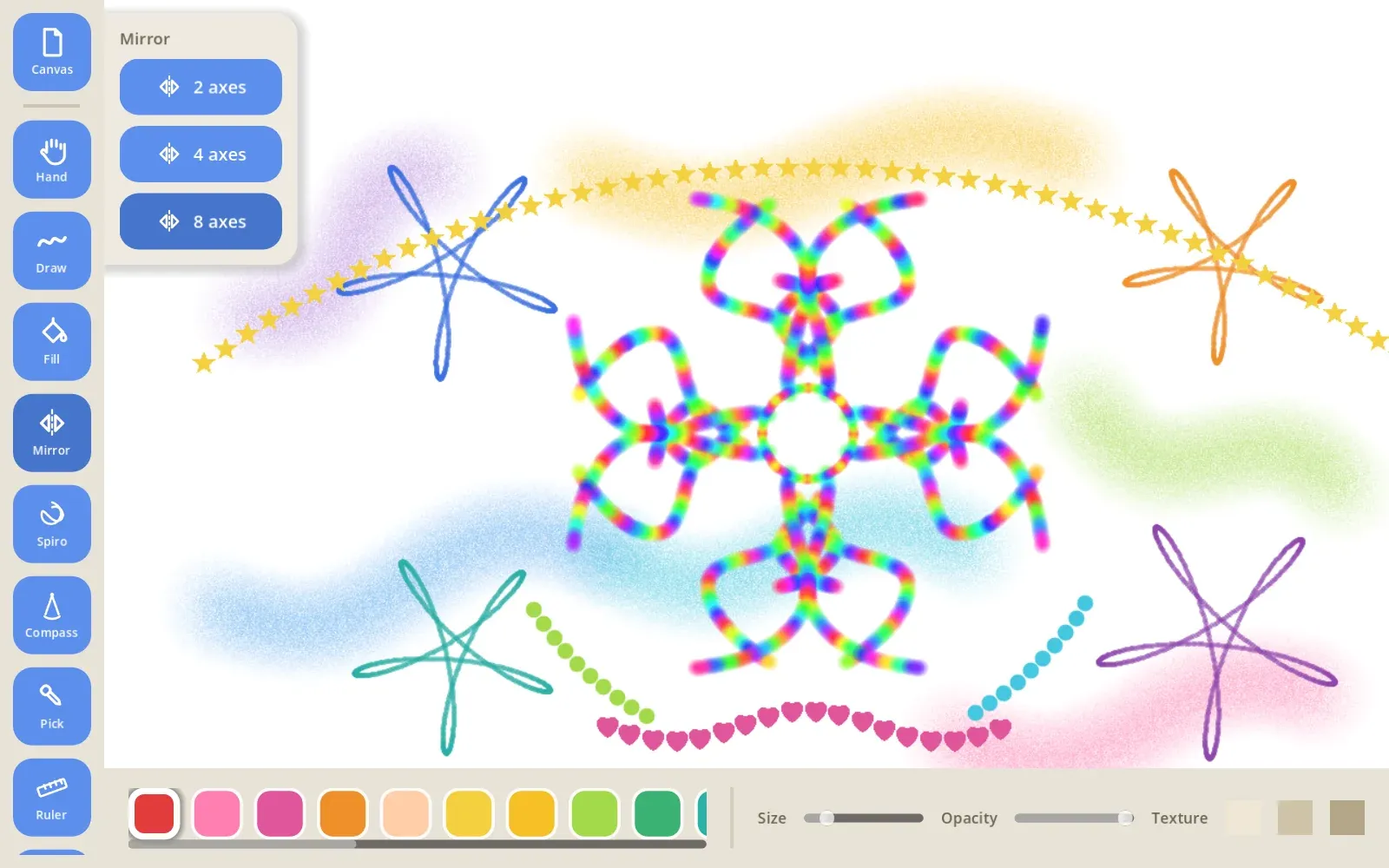 A kids’ paint app with a rainbow kaleidoscope flower, spirograph stars, yellow star trails and pink hearts on soft airbrush clouds, beside its tool rail.