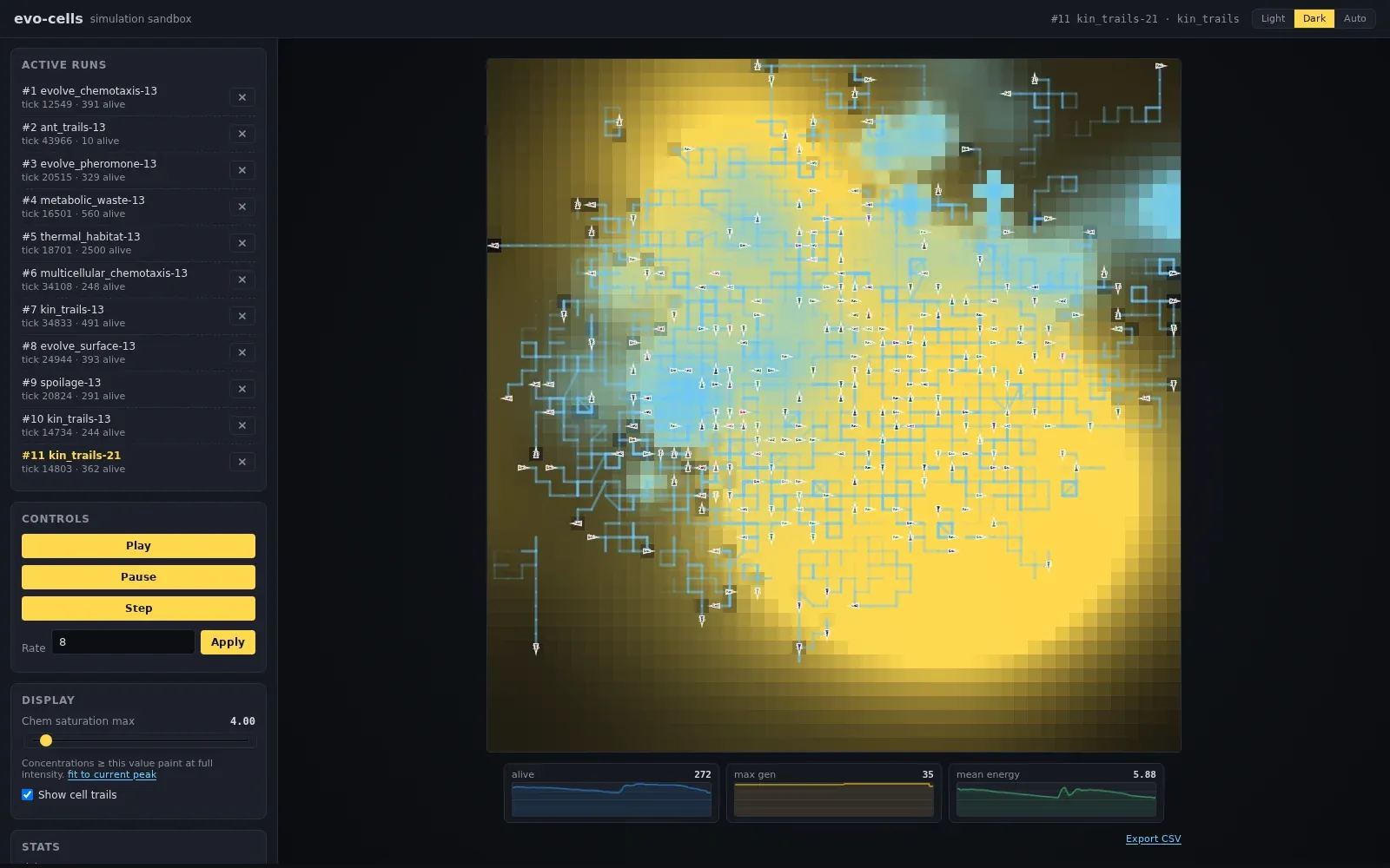 Hundreds of arrow-shaped cells and blue trails crossing a glowing yellow and blue chemical grid, beside a list of active runs and population charts.