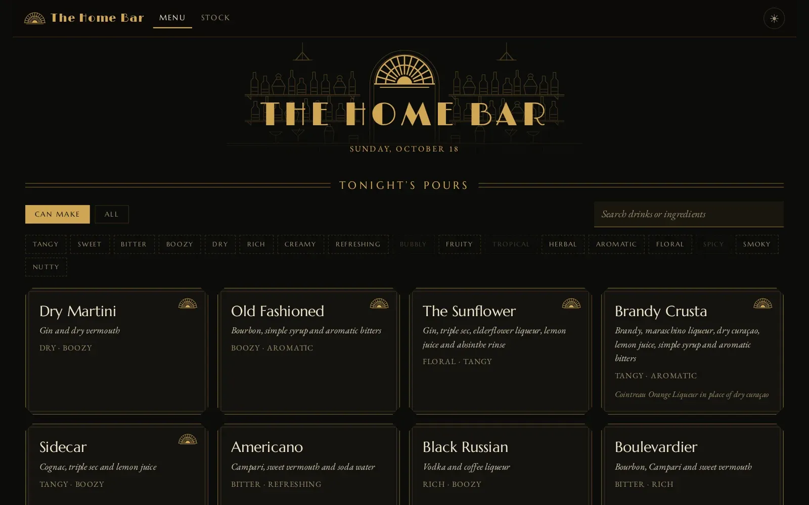 A cocktail menu of what the bottles on hand can make, with filters by taste and each drink’s ingredients.
