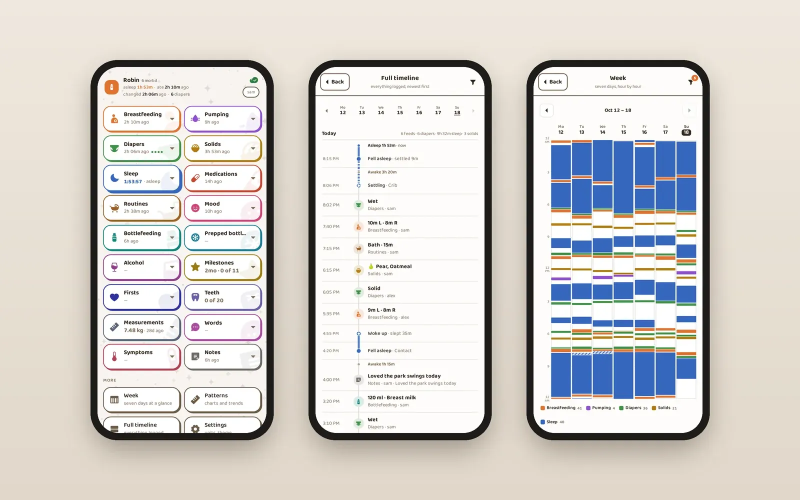 Three phone screens from a baby tracker: colorful logging tiles, a day’s timeline of feeds and naps, and a week of sleep blocks.