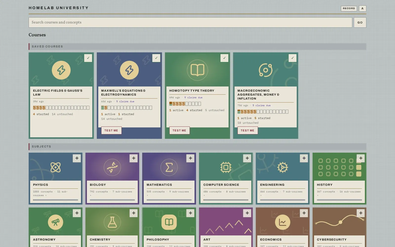 Saved courses with progress bars that show what has faded, above tiles for physics, biology, mathematics and more.